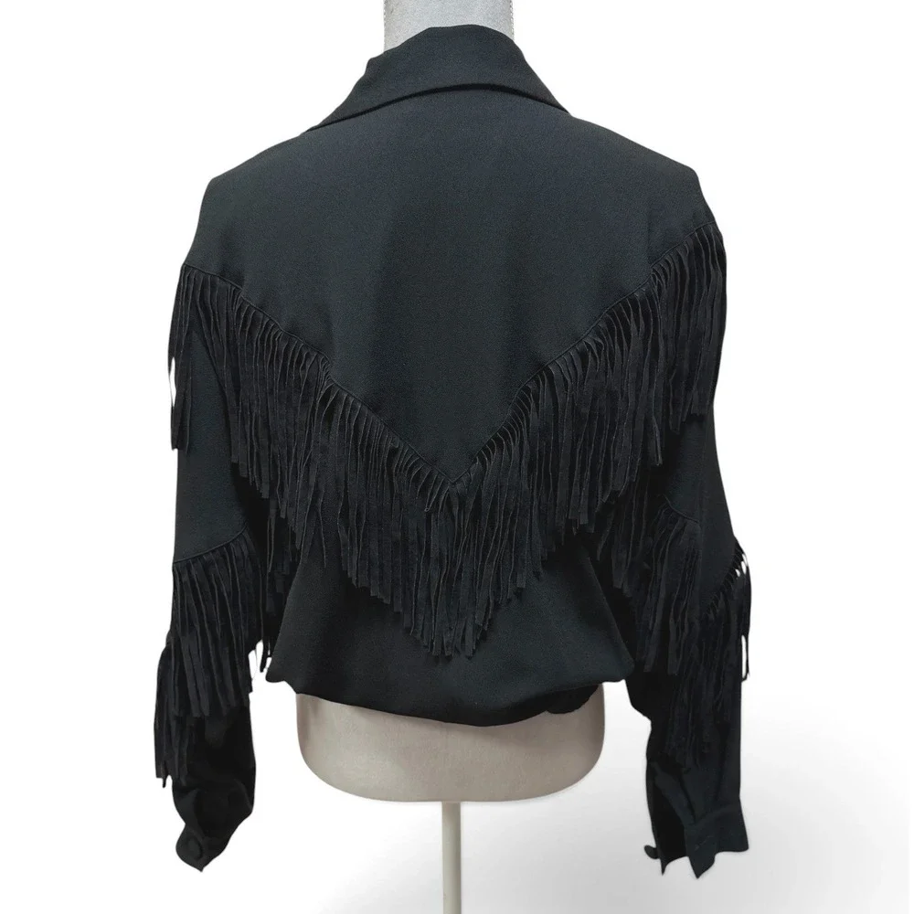 CAROLE‎ LITTLE Fringe Western Jacket Womens 6 Black Beaded Vintage Southwestern